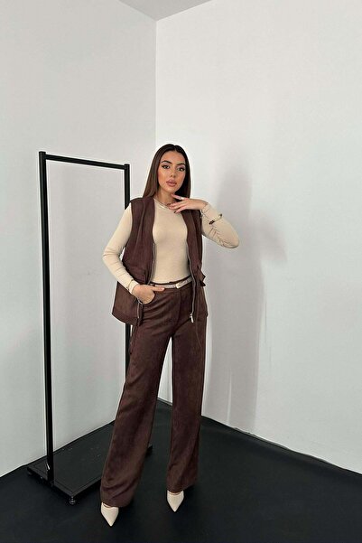 Caddebostan Moda Women's Suede Vest and Pants Two-Piece Set Combination