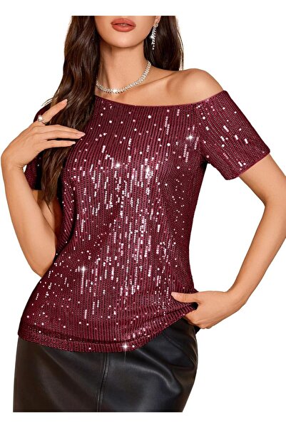 OEM Bluză damă din paiete Bling elegantă de seară Off-Shoulder confortabilă b...