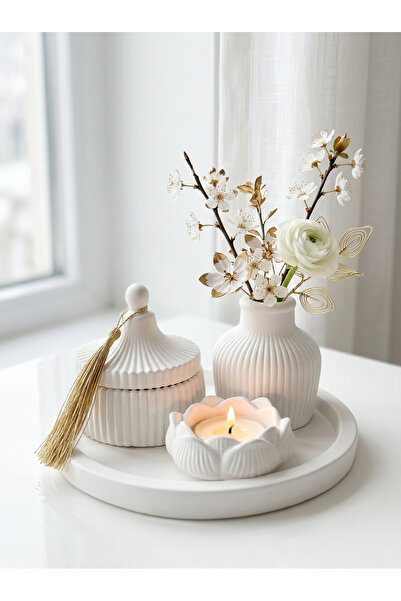 LALEZEN HOME Püsküllü Kapaklı Kutu & mumluk gül & vazo& tepsi set