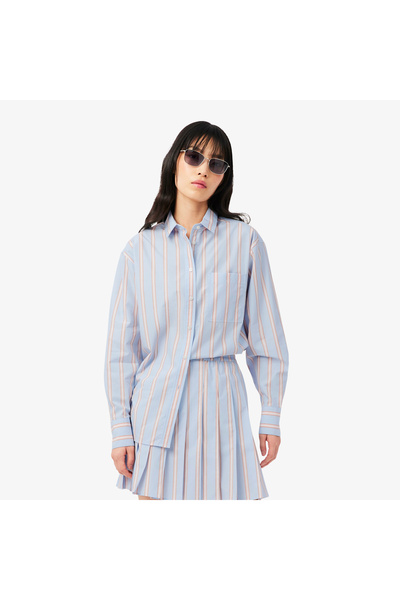 Lacoste Kadın Oversize Fit Çizgili Mavi Gömlek