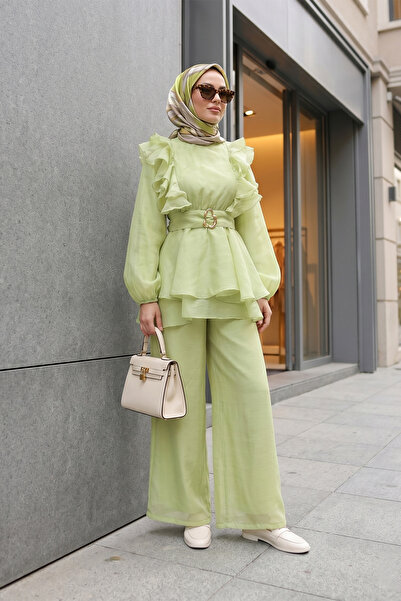 MODAQU Set cu tunică cu detalii cu volane și pantaloni din voile - Verde apă
