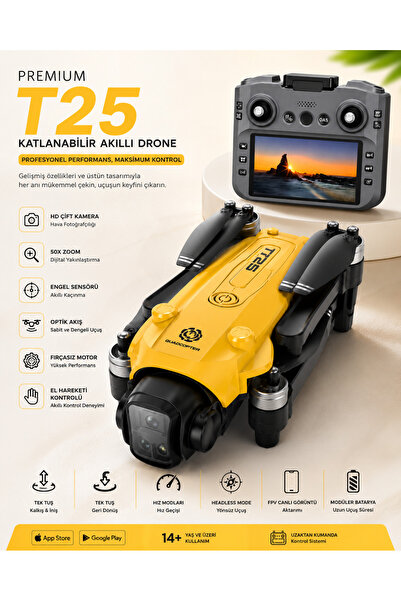 Ayers Premium T25 Katlanabilir Akıllı Drone – Kumandası Ekranlı, HD Çift Kame...