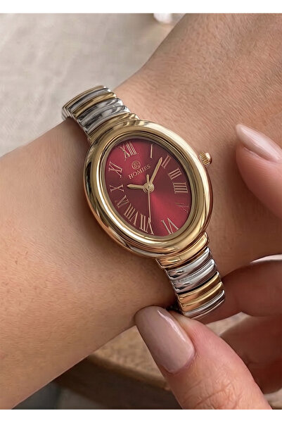 Homies Women's Silver Gold Metal Cord Oval Case Red Dial Wristwatch with 2 Ye...