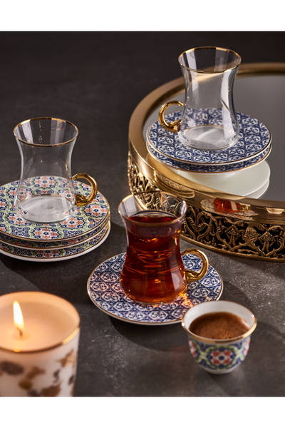 Decorium Mahza 18 Parça 6 Kişilik Çok Renkli Cam Mırra ve Çay Takımı 9-01110006
