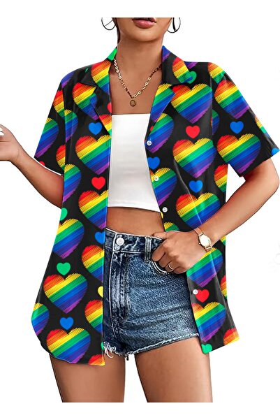 OEM Tricou cu nasturi pentru femei, cu tematică curcubeu, multicolor – Mărimea L