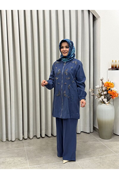 ayşe akay İŞLEMELİ PANTALONLU TENCEL TAKIM İNDİGO