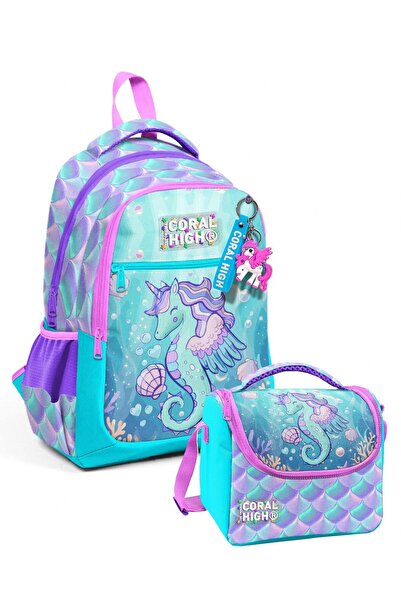 Coral High Water Green Unicorn Printed Girls' School Bag and Thermo Lunch Box...