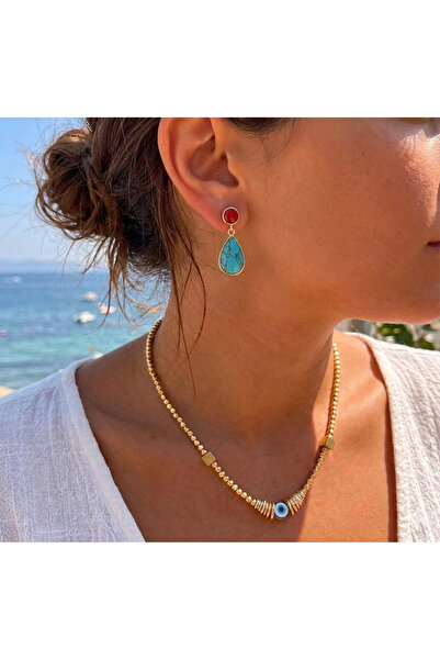 SoulSisco Jewellery Etnik Tasarım Kırmızı ve Turkuaz Taşlı Küpe