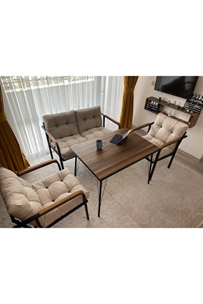 Sofmina Krem Balkon, Bahçe, Cafe - Mobilya, Metal Koltuk Takımı - 2+1+1+ Sehpa