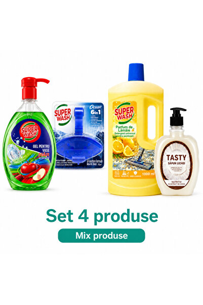 Super wash Kit Curatenie Casa, Set 4 Produse: Detergent Vase Mar, Odorizant W...