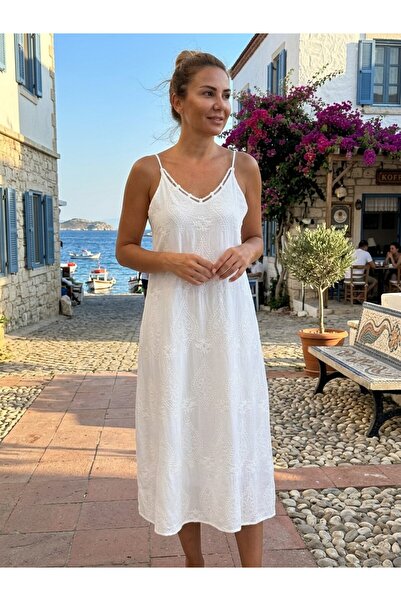 MELTEM COLLECTION YAKA DETAYLI ASKILI MÜSLİN ELBİSE