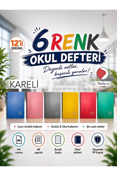Contra PP Kapak Spiralli 60 Yaprak A4 Kareli 12 Adet Defter