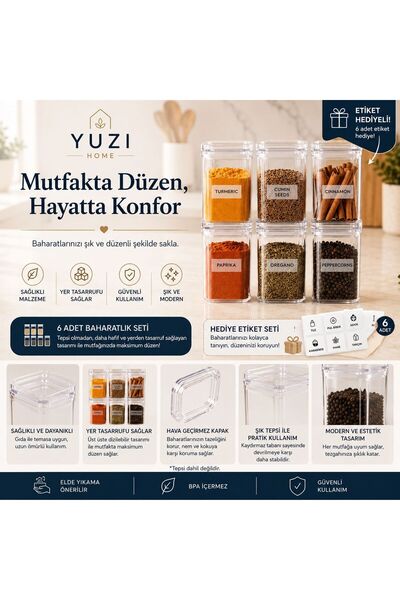 yuzi home Yuzi 6’lı 350ml Şeffaf Baharatlık Seti Baharat Saklama Kabı Mutfak ...