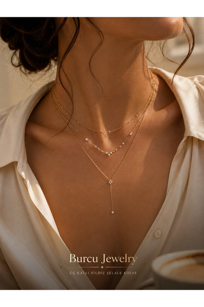 BURCU JEWELRY Üç Katlı Yıldız Şelale Kolye