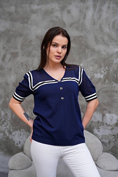 RUBYSSTORE Kadın Fileli Kısa Kol V yaka Düğmeli Merserize Triko Bluz Günlük C...