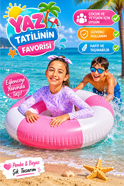 MEDUSHOP Pembe Beyaz Şişme Simit 91 cm Çocuk ve Yetişkin Deniz Havuz Yüzme Si...