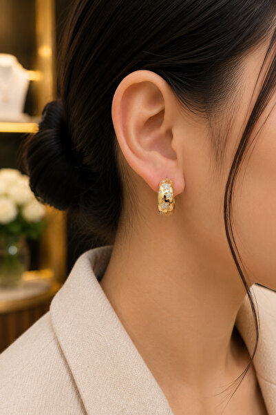Balenbi Women's Star Patterned Stone Hoop Earrings Gold Color Stainless Steel...