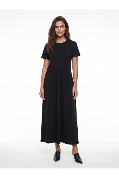 ONLOOX Black Cotton Crew Neck Short Sleeve Waist Gathered Long Knitted Dress