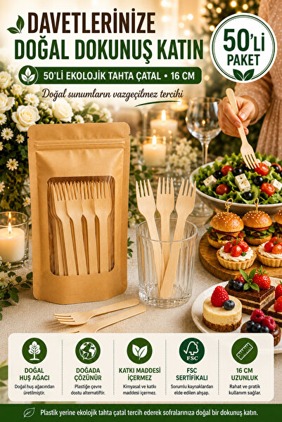 OpenCity 50'li Ekolojik Tahta Çatal 16 cm Doğal Huş Ağacı Kullan At Davet Par...