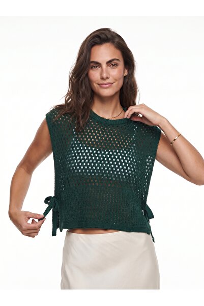 ONLOOX Green Acrylic Fabric Crew Neck Openwork Standard Fit Sweater with Side...