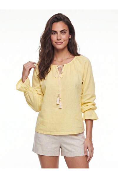 ONLOOX Yellow Linen Textured Tie-Neck Relaxed Fit Blouse with Flywheel Cuff D...