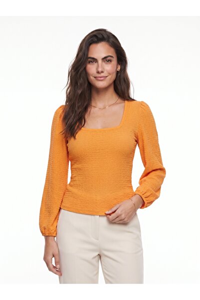 ONLOOX Orange Seersucker Fabric Square Collar Long Sleeve Blouse with Stretch...