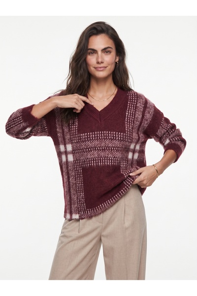 ONLOOX Burgundy Shawl Collar Knitwear Soft Textured V-Neck Plaid Patterned Lo...