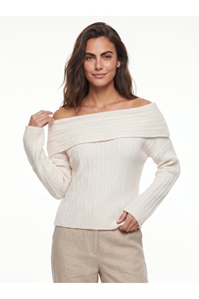 ONLOOX Cream Acrylic Blended Soft Textured Degaje Collar Standard Fit Long Sl...