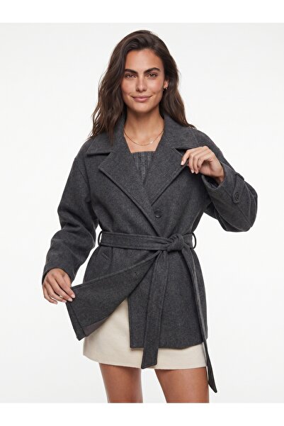 ONLOOX Anthracite Cashmere Fabric Double-Breasted Collar Lined Long Sleeve Co...