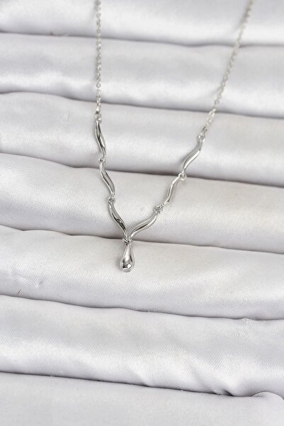 TakÇalıştır Brass Silver Color Drop Model Women's Necklace