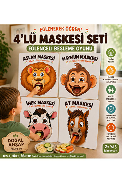 TOTTERİQ 4'lü Ahşap Hayvan Maskesi Besleme Oyunu Seti 30x40 cm Eğitici Aktivi...