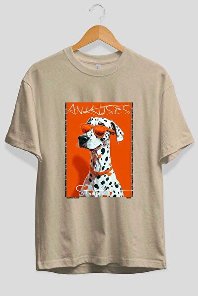 Ankhises Tricou supradimensionat bej cu imprimeu câine în față, 100% bumbac, ...