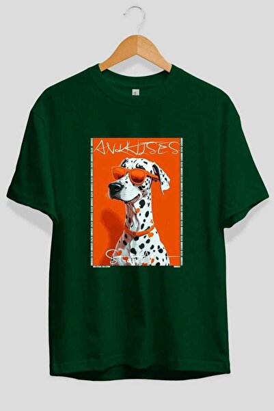Ankhises Tricou verde supradimensionat cu imprimeu Dog For Love 2, 100% bumba...