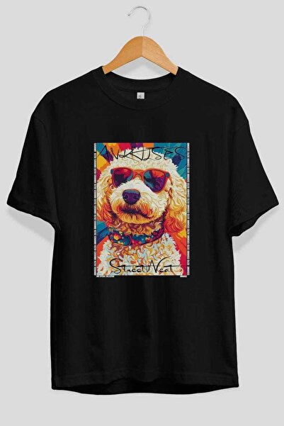 Ankhises For the Love of Dogs 50 Dog Prints on the Front Black Oversize T-Shi...