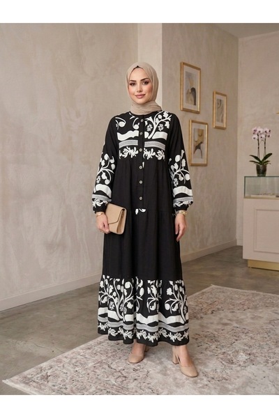 ECEYLÜL MODA Kadın Siyah Viskon Pamuklu Salaş Kesim Desenli Tesettür Elbise –...