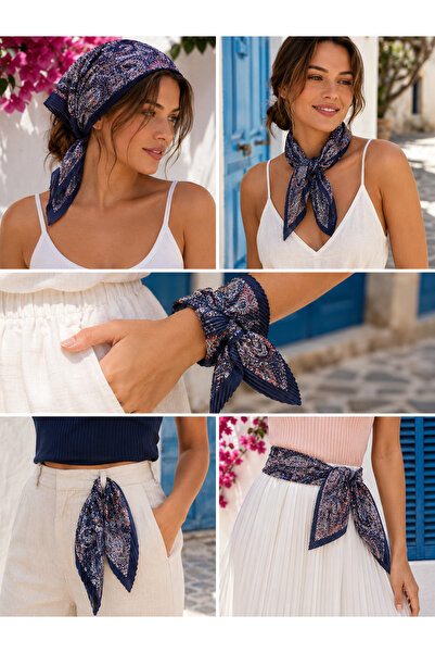 Luminos Butik Eșarfă pătrată plisată cu model Paisley, albastru marin FLR2002-1
