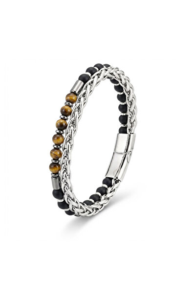 Parmas Design Men's Bracelet with Tiger's Eye and Matte Onyx-Hematite Steel C...