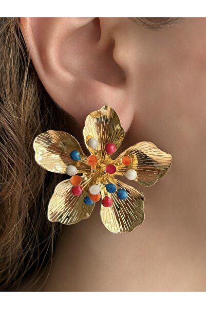 Nilly Jewelry Renkli Gold Çiçek Küpe