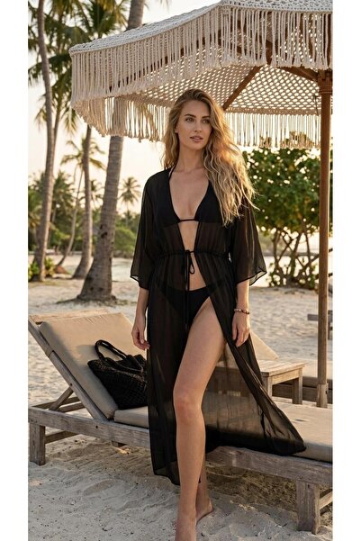 MY SEA P-12 Black Front-Tie Long Chiffon Pareo