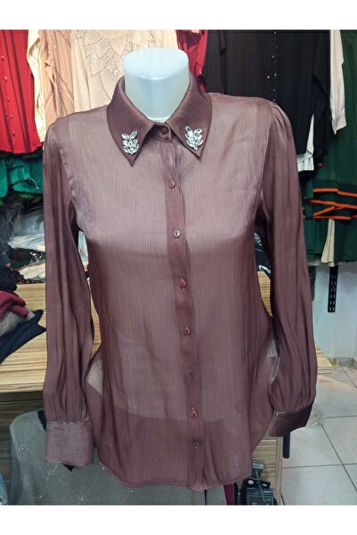 MODA Yaka Taş Detaylı Organze Gömlek