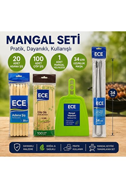 Ece Barbekü Mangal Seti Adana Şiş Çöp Şiş Maşa Yelpaze Seti