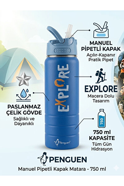 Lider MAGNESİA ÇELİK MATARA 750 ML ( 304) MANUEL PİPETLİ KAPAK PENGUEN