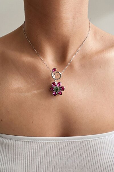 bacc Fuchsia Spiral and Stone Detailed Flower Figured Silver Chain Necklace