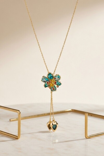 RMY MODA Women's Turquoise Flower Figured Chain Necklace with Drop Stone Detail