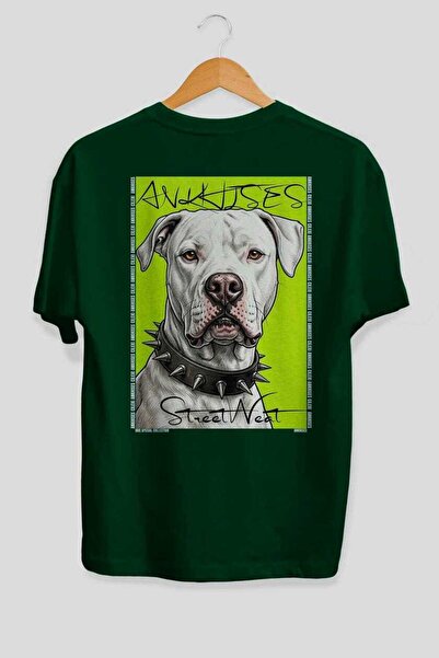 Ankhises За любители на кучета 52 Back Dog Print Зелена овърсайз тениска 100%...