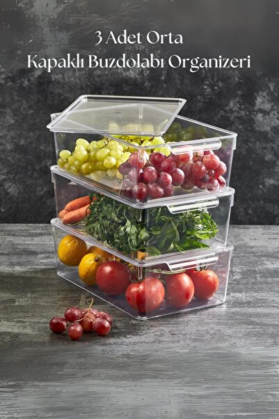 Twin Store 3-Piece Refrigerator Organizer with Lid & Refrigerator Organizer 4...