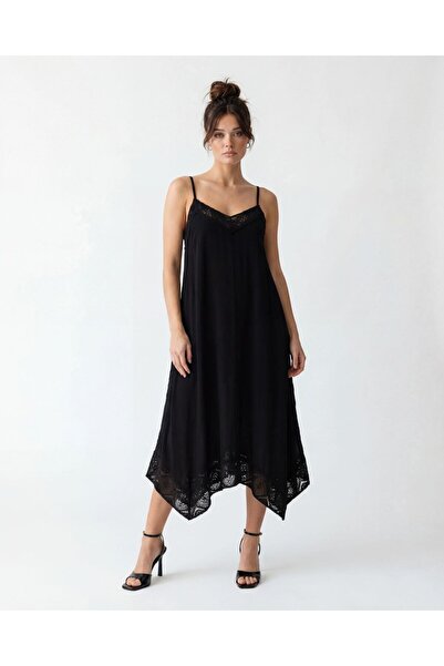 CKM MODA Resel Lace Detailed Thin Strap Asymmetrical Dress Black