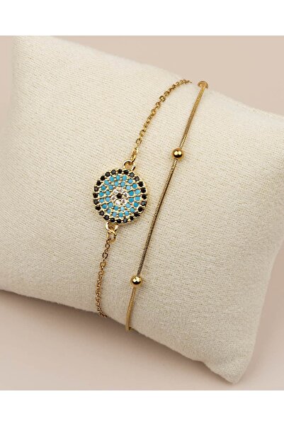 Portakal Esintisi Zenvira Zircon Stone Evil Eye Round Steel Bracelet