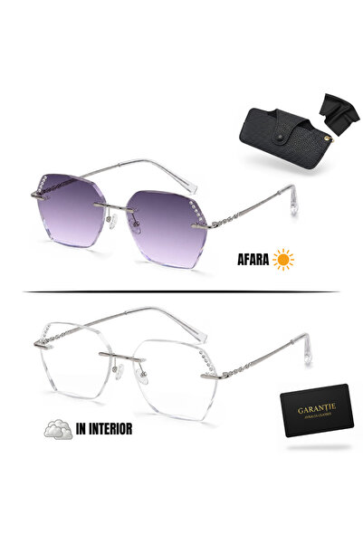 AVRALIA Ochelari de Soare Heliomati, Rama Rimless Silver cu Cristale, Lentile...
