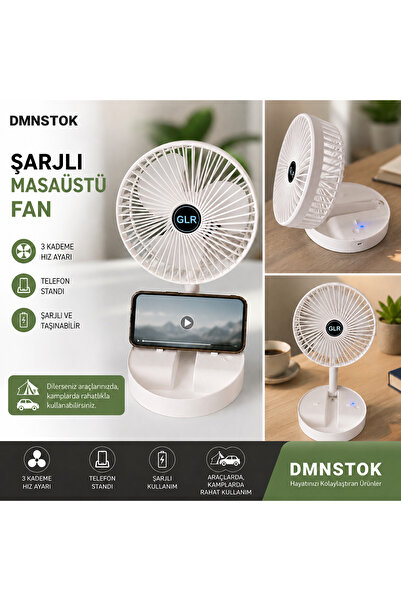 DMNSTOK Fan Şarjlı Beyaz Katlanılabilir Mini Fan Masa Ustü Vantilatörü Usb So...